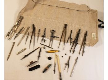 Vintage Group Of Drafting Tools With Compasses, Pocket Knives, Drafting Pencils, Etc.
