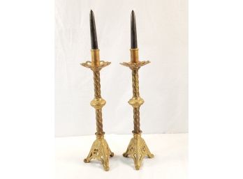 Wonderful Pair Of Ornate 14' Tall Brass Taper Candle Holders
