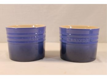 Two Le Creuset Cobalt Blue Earthenware Small Utensil Crock Or Body Of Large Spice Jars