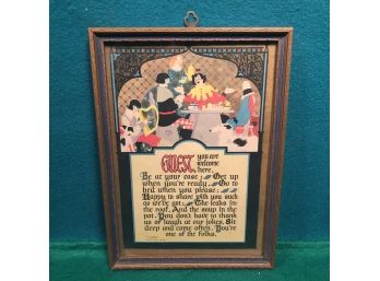 Estate Fresh Antique 1925 Framed A Buzza Motto 'Guest You Are Welcome Here'. Original Frame With Hanger.