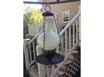 Antique Hanging  Light Lantern With Hobnail Milkglass Shade.
