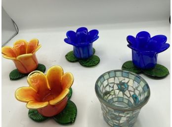 5 Votive Holders - 4 Vibrantly Colored Flower Petals And One Mosiac