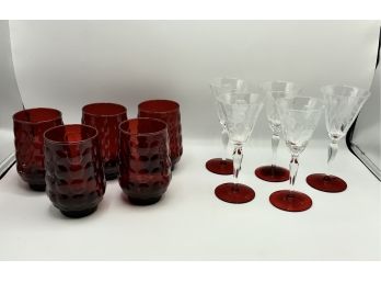 Vintage Red Glass Lot ~ 5 Anchor Hocking Bubble Glasses & 5 Etched Glasses W/Red Bottoms ~