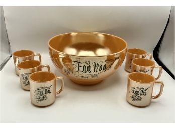 Vintage Peach Lusterware Eggnog Bowl & 6 Mugs