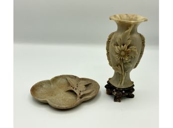 Vintage Soapstone Dish & Small Bud Vase Or Urn