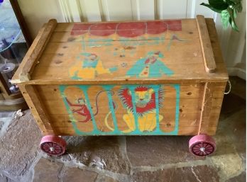 Vintage Solid Wood Toy Box  Handpainted With Wooden Wheels