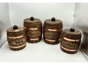 Vintage Treasure Craft Barrel Canisters ~ Flour, Sugar, Coffee & Tea ~