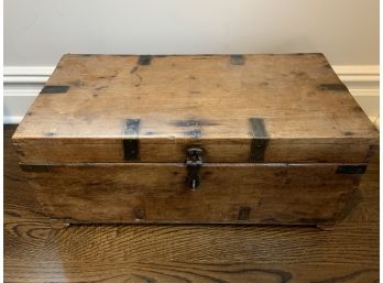 Antique Handmade Wooden Storage Chest With Iron Hardware