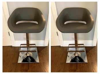Pair Of Grey Leather/chrome Adjustable Height Bar Stools