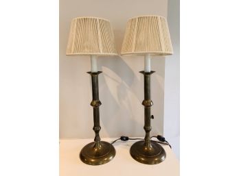 Pair Of Aged Brass Candlestick Lamps