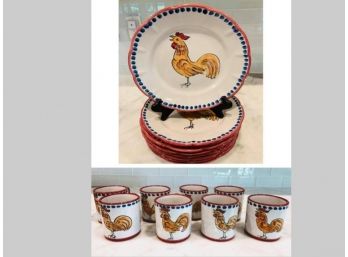 Set Of 10 Solimeme Vietri Rooster Plates And  11 Mugs - Purchased In Italy