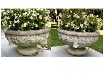 Pair Of Cement Planters W/flowers