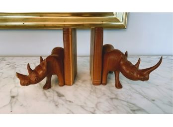 Pair Of Wood Carved Rhino Bookends