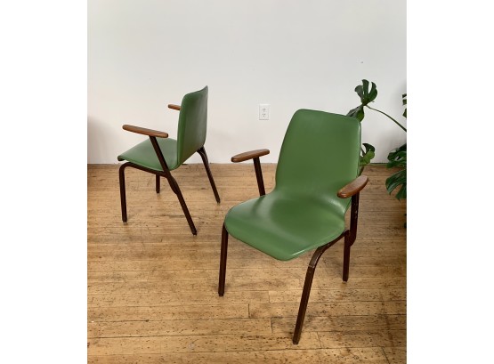 Pair Of Green Vinyl And Wood Chairs Mid Century