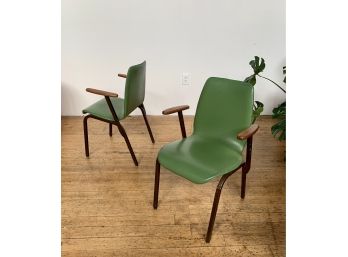 Pair Of Green Vinyl And Wood Chairs Mid Century