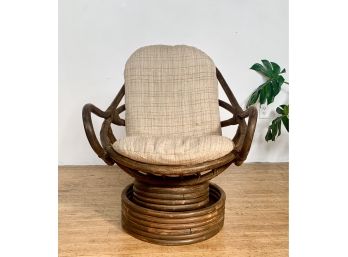 O-ASIAN DESIGNS Boho Swivel Bamboo Chair With Oatmeal Cushions Made In Compton, Cali