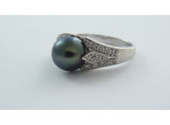 Tahitian Pearl & Diamond 14k White Gold Ring Size 8