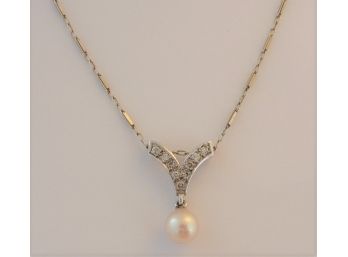 Amazing 14K Gold Pearl & Diamond Pendant On 18' 14K White Gold Necklace