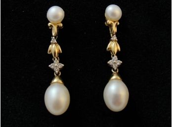 Diamond & Pearl 14k Gold Drop Earrings