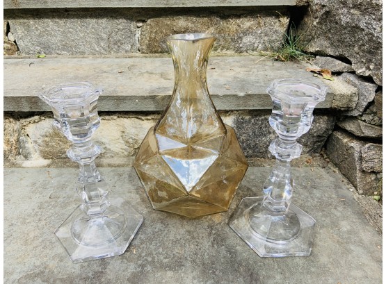 Geometric Vase And Pair Of Glass Candlesticks