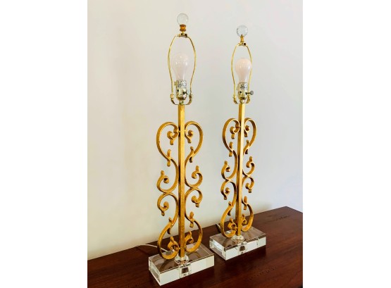 Pair Of Gold Filigree Pattern Lamps On Lucite Base
