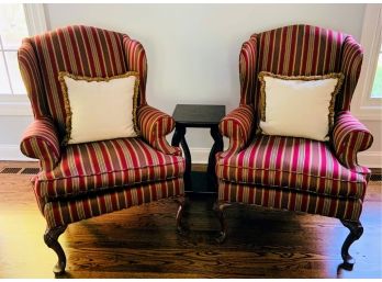 Custom Striped Wingback Chairs (Pair) And Small Side Table