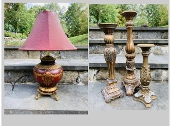 Mixed Decor Lot - 3 Candlesticks And Lamp With Faux Leather Shade
