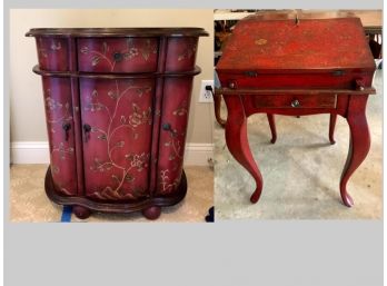 Pair Of Red Decoratively Painted  Pieces - Secretary And Storage Cabinet