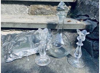 Lovely Decanter, 2 Candlesticks And Small Tray
