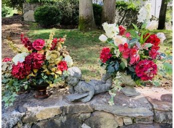 Pair Of Large Faux Flower Arrangements And Garden Statue