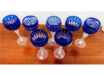 Set Of 7 Blue Cut  Wine Glasses