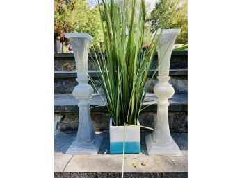 Pair Of Grey Glass Candlesticks And Faux Grasses