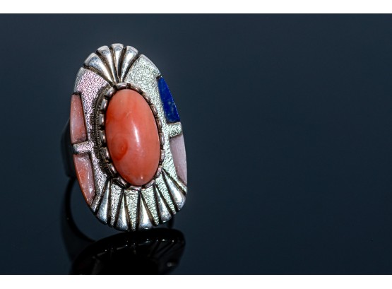 Mexican Sterling Ring With Turquoise Lapis And Coral
