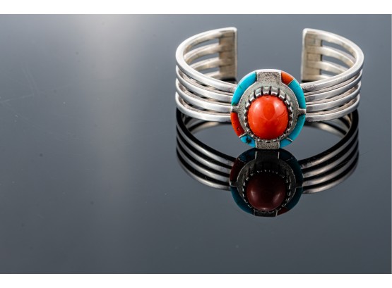 Silver Cuff Bracelet With Turquoise & Carnelian