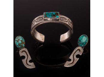 P Yellowhorse Sterling & Turquoise Cuff Bracelet With Matching Sterling & Turquoise Earrings