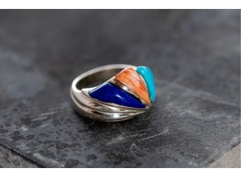 Silver Ring With Turquoise Lapis & Coral