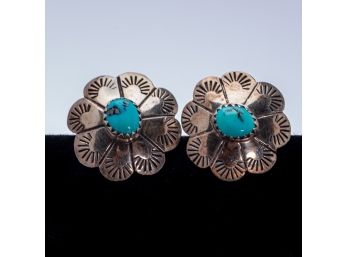 Delicate Sterling Silver Pierced Earrings With Turquoise Center Stones