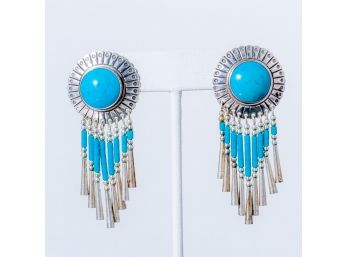 Silver And Turquoise Dangling Beaded Earrings