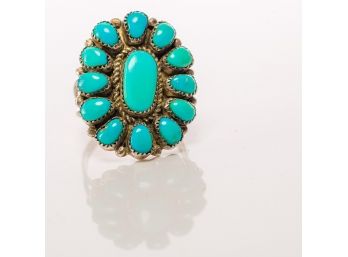 Turquoise And Silver Cluster Ring