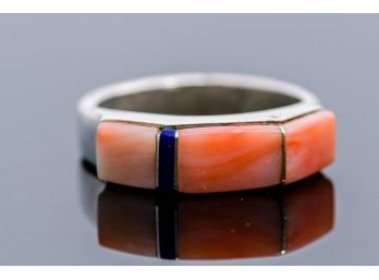 Sterling Silver Ring With Coral & Lapis Lazuli