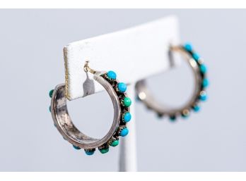 Pair Of Hoop Silver & Turquoise Earrings