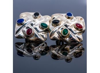 Mexican Sterling Clip On Earrings With Colorful Gemstones