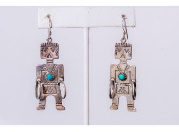 Sterling Kachina Pierced Earrings With Turquoise Stone