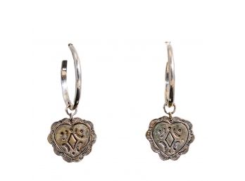 Pair Of Silver Hoop Earrings With Heart Shaped Medallions