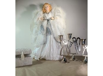 Angel Tree Topper •  Silver Coated Angel Candle Stick Holders • Worry Angel Box
