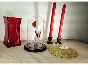 Beautiful Butterfly Embellishments •  Complimenting Red Vase And Candle Sticks