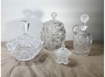 Pressed Glass Group • (3) Lidded Candy Dishes And (1) Decanter With Stopper