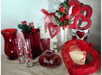 Red Valentine Decorations With Red Vases