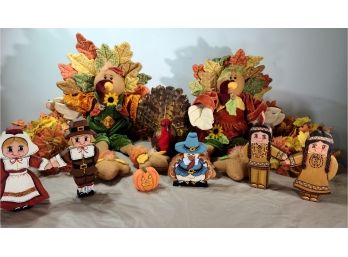 Thanksgiving Decor • Pair Of Stuffed Turkey • Wooden Pilgrim And Indian