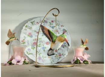 Hanging Humming Bird With Decorative Floral Dish •  Pair Of Candle Holders